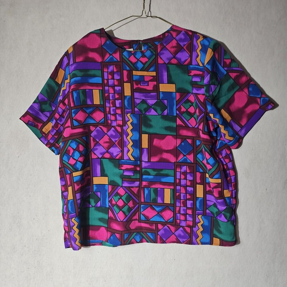 Vintage 80s Hill & Archer Colorful Abstract Blouse Women's 2XL Festive Artsy